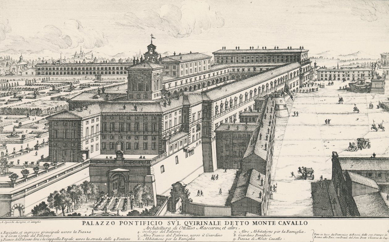 Paleis van de paus op de Quirinaalheuvel, ook bekend als Monte Cavallo, tekening en gravure door Alessandro Specchi (1668-1729), Italië door Alessandro Specchi
