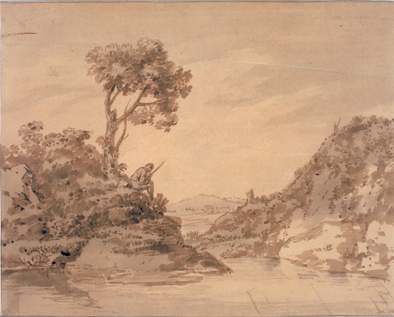 Landschap met figuur aan de oever van een vijver door Alexander Cozens