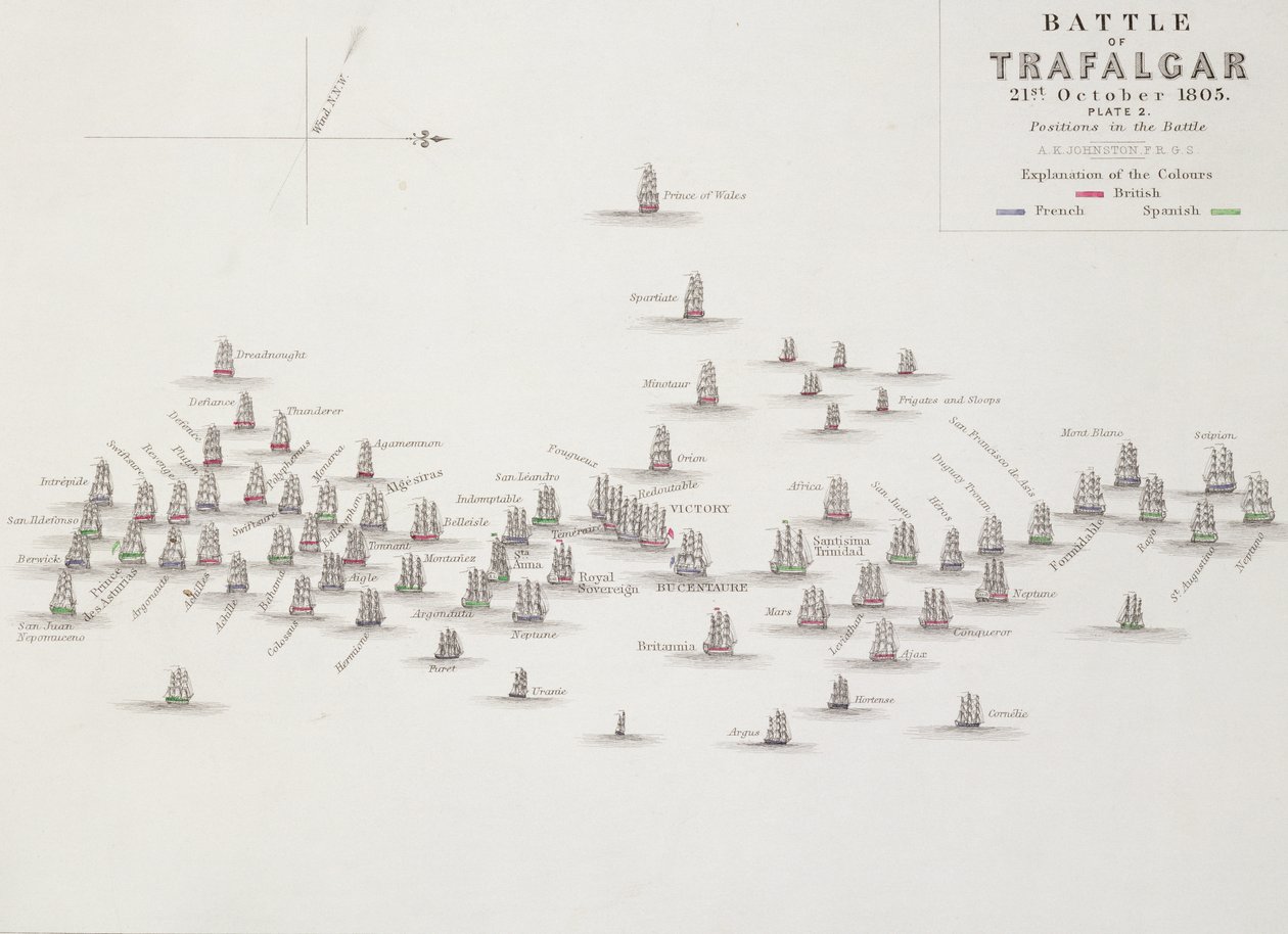 De Slag bij Trafalgar, 21 oktober 1805, Posities in de Slag, c.1830s door Alexander Keith Johnston