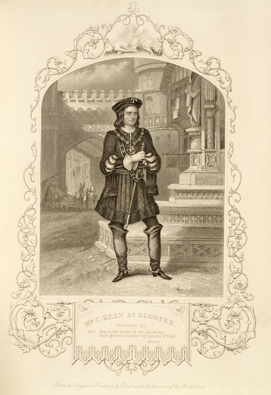 Mr C. Kean als Gloster, Act I Scene 1, in Richard III, door William Shakespeare (1564-1616) door Alexander Reid