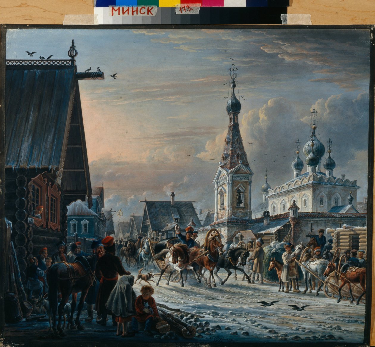 Russische postkoetsen (troika) rijden door een straat in de winter en begroeten de bewoners door Alexander Orlowski