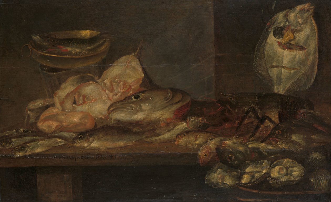 Stilleven met vis en een kreeft en oesters op een tafel in de buurt door Alexander Adriaenssen