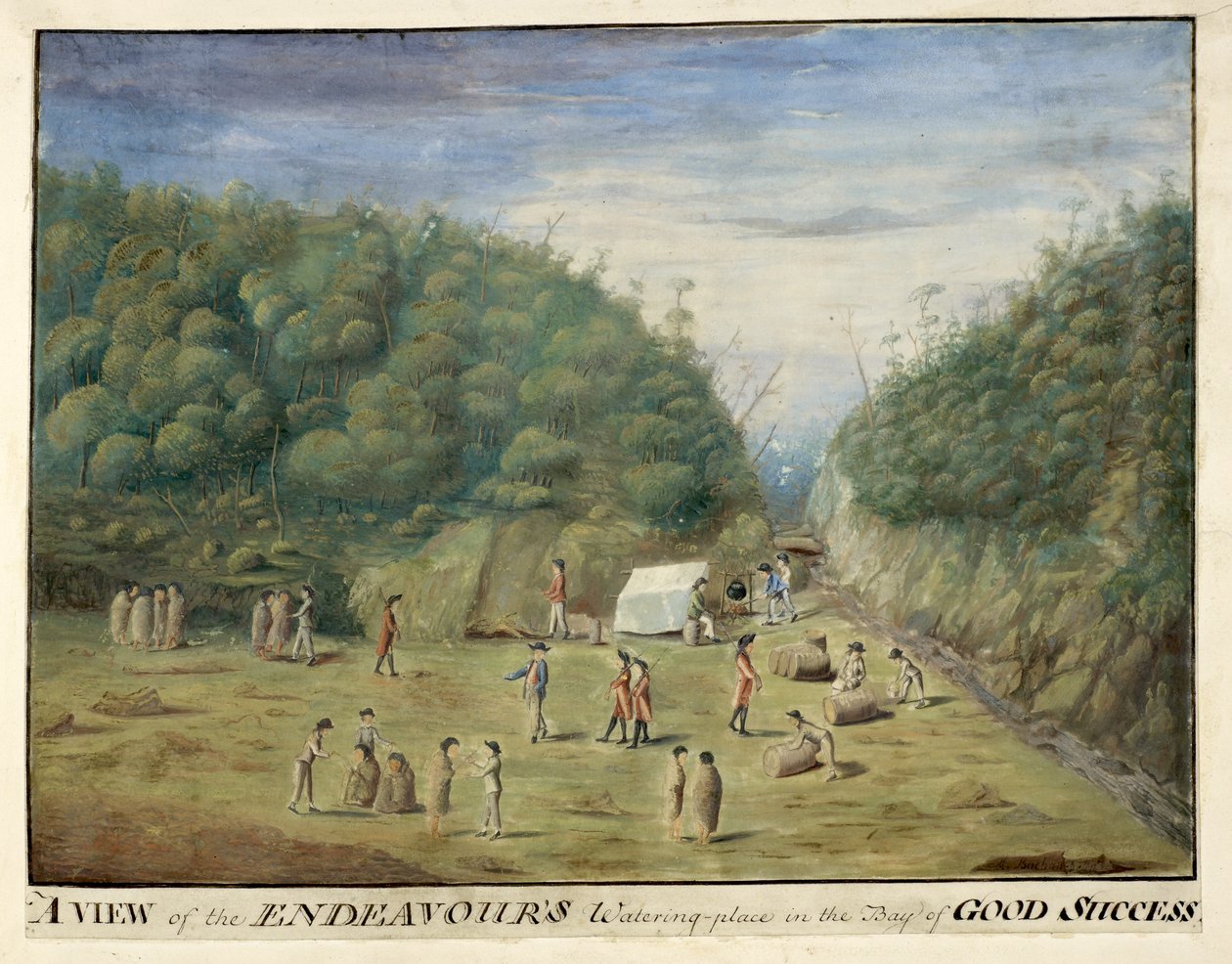 Een uitzicht op de waterplaats van de Endeavour in de Baai van Goede Succes, Tierra del Fuego, met inboorlingen, januari 1769 door Alexander Buchan
