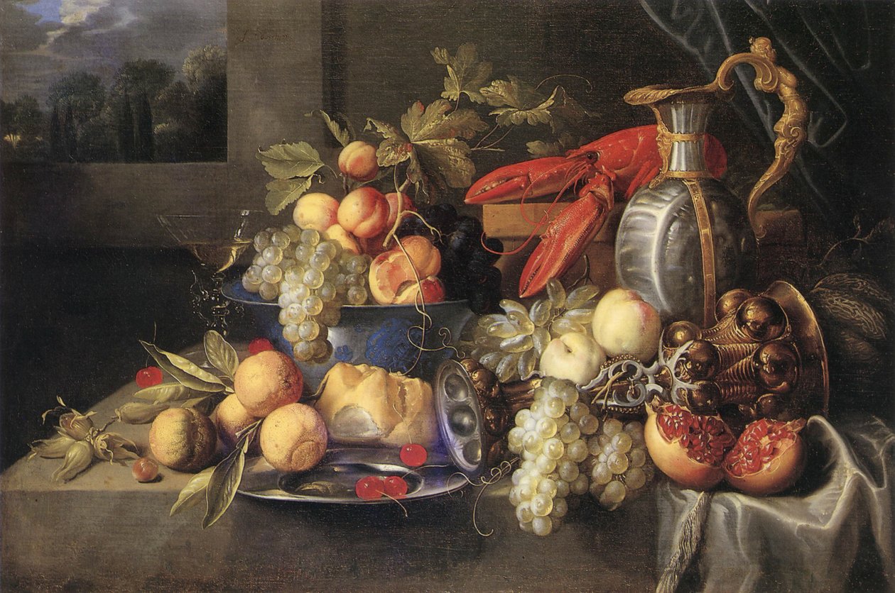 Fruitstilleven met kreeft en brood, vergulde columbine beker, Nederlandse faience kan, tinnen bord en Venetiaans gevleugeld glas. door Alexander Coosemans