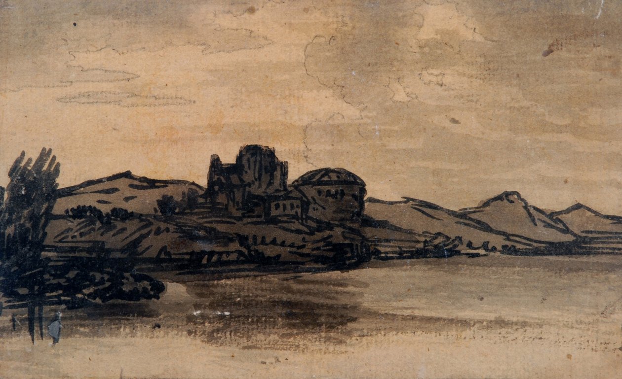 Italiaans Landschap met Koepelgebouw door Alexander Cozens