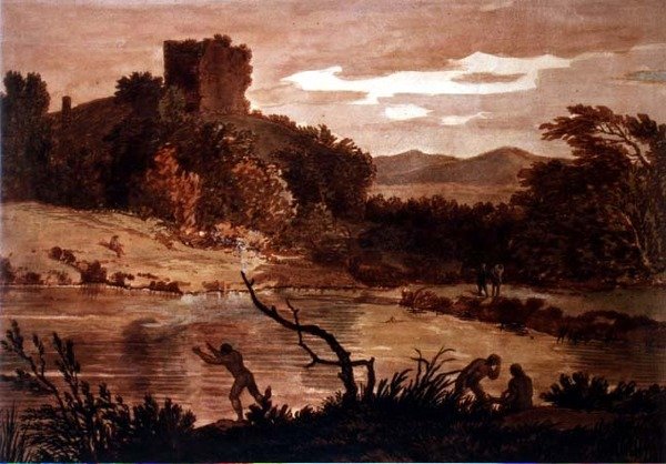 Landschap met badende mannen door Alexander Cozens