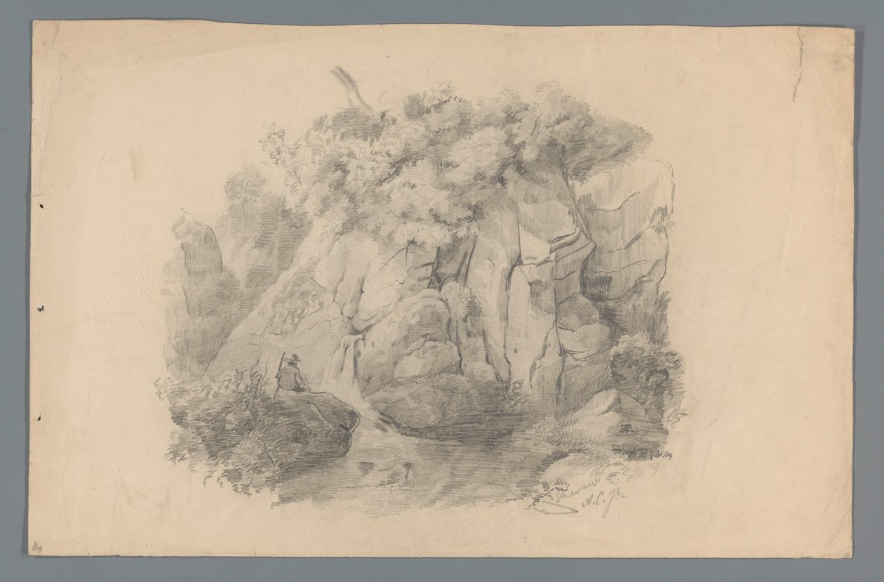 Landschap met man zittend bij een waterval door Alexander Cranendoncq