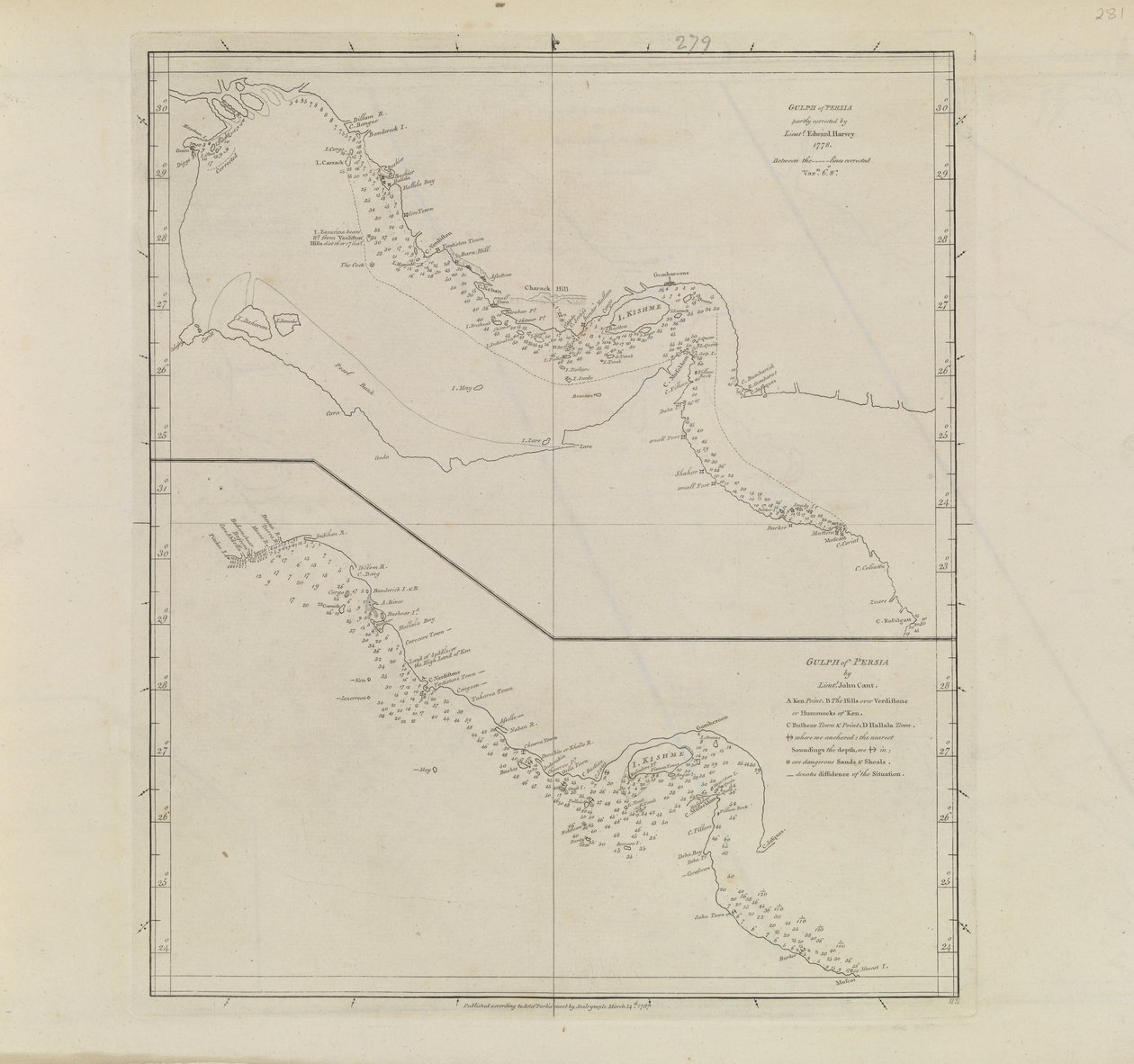 Plannen van havens, Dalrymple, Alexander gepubliceerd in 1791 ID-nummer 41167-2001 Een kaart van een deel van de Perzische Golf, gedeeltelijk gecorrigeerd door luitenant Edward Harvey 1778 door Alexander Dalrymple