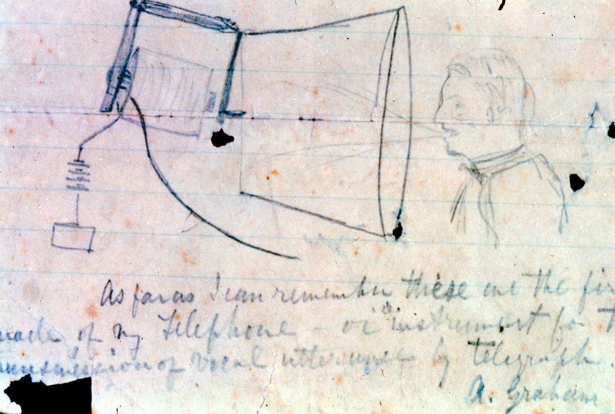 Schets van de telefoon van Alexander Graham Bell uit 1876 door Alexander Graham Bell