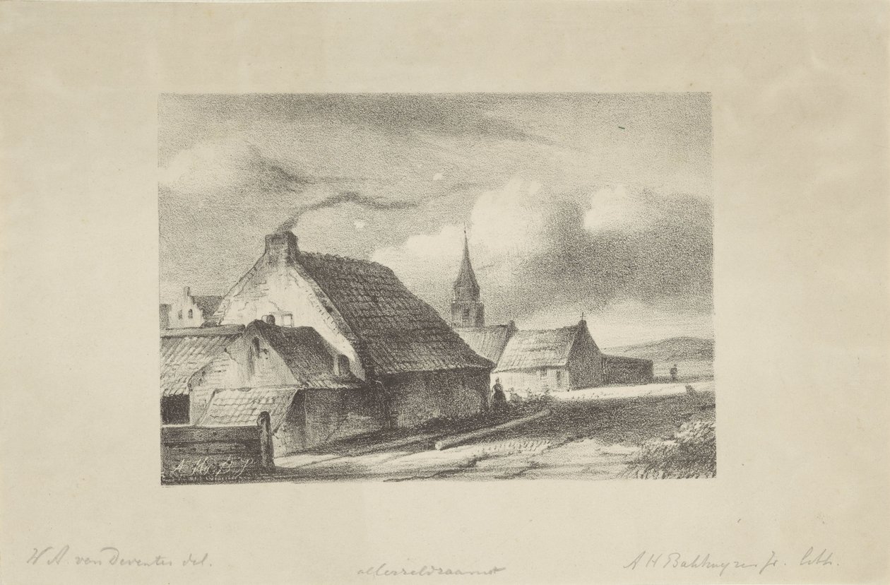 Huizen en een kerktoren in Katwijk door Alexander Hieronymus Bakhuyzen (II)