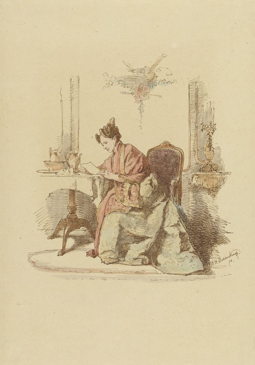 Vrouw die een brief leest aan een tafel door Alexander Hugo Bakker Korff