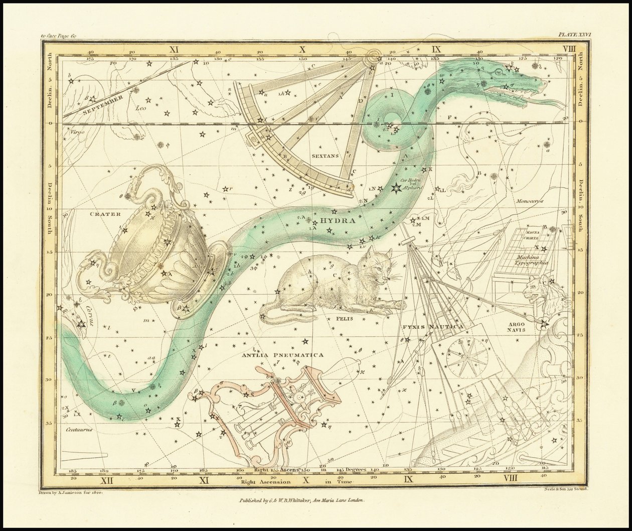 1822 - Alexander Jamieson - Hydra Sextans Felis en Crater door Alexander Jamieson