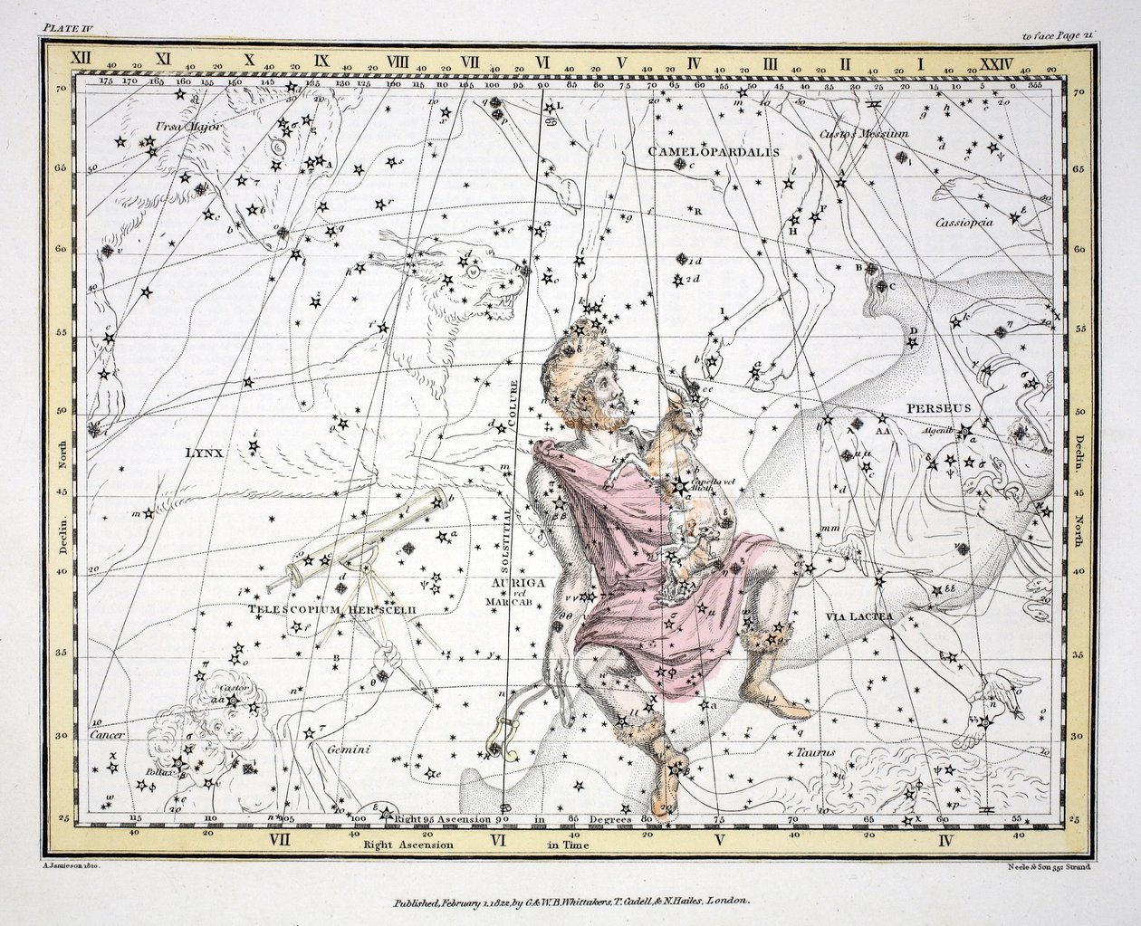 De Sterrenbeelden (Plaat IV) Auriga, Camelopaardalis, Telescopium Herschelli, uit 