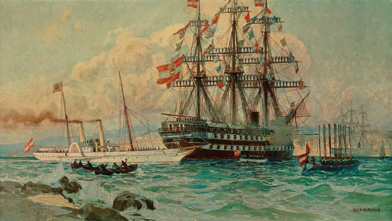 Het Oostenrijkse jacht Fantasie en het lijnschip Kaiser ... (schilderij op doek) door Alexander Kirchner