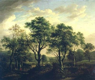 Bosrijk rivierlandschap met figuren en vee door Alexander Nasmyth
