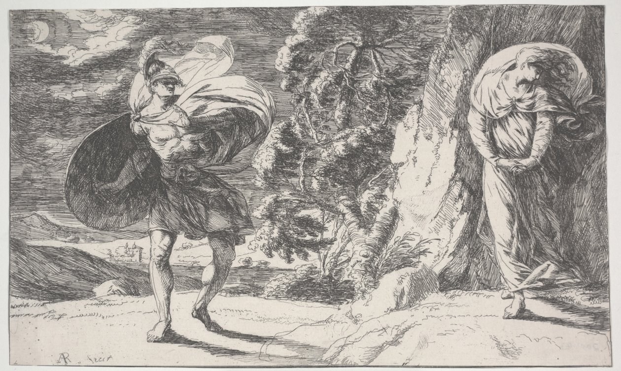 Fingal ontmoet Carbon Carglass, voor het eerst gedrukt ca. 1773 (ets) door Alexander Runciman
