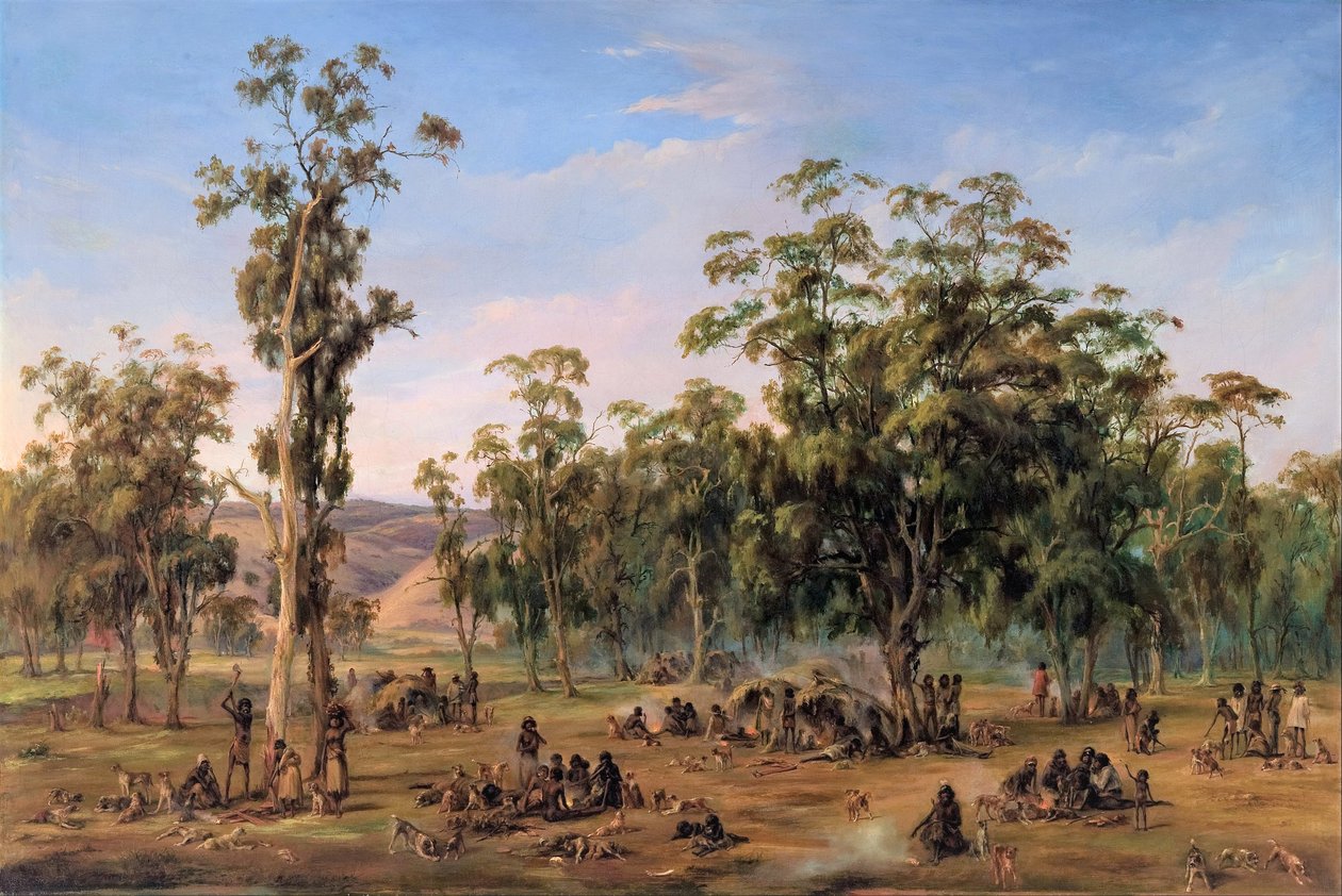Een Aboriginal kampement, nabij de Adelaide heuvels door Alexander Schramm