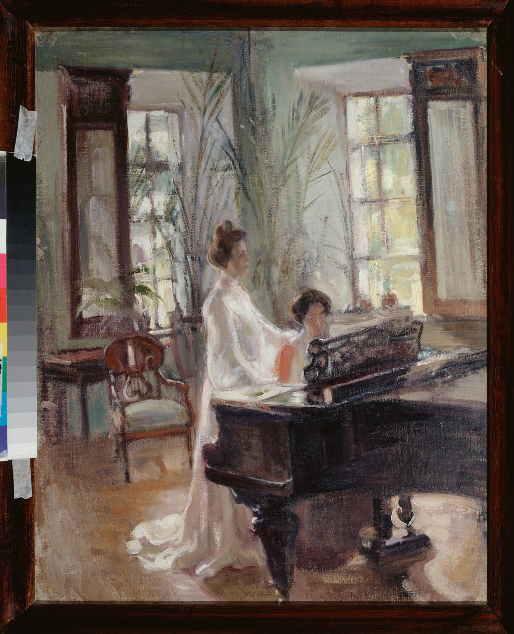 In een ontvangstruimte - Twee vrouwen maken muziek, zingen en spelen piano - Werk van Alexander Valentinovich Sredin door Alexander Sredin
