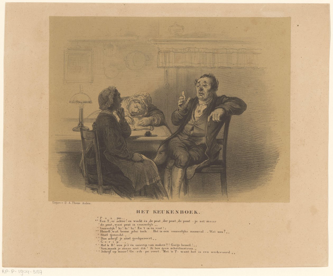 Man en vrouwen aan tafel, Het keukenboek (titel op object) door Alexander Ver Huell
