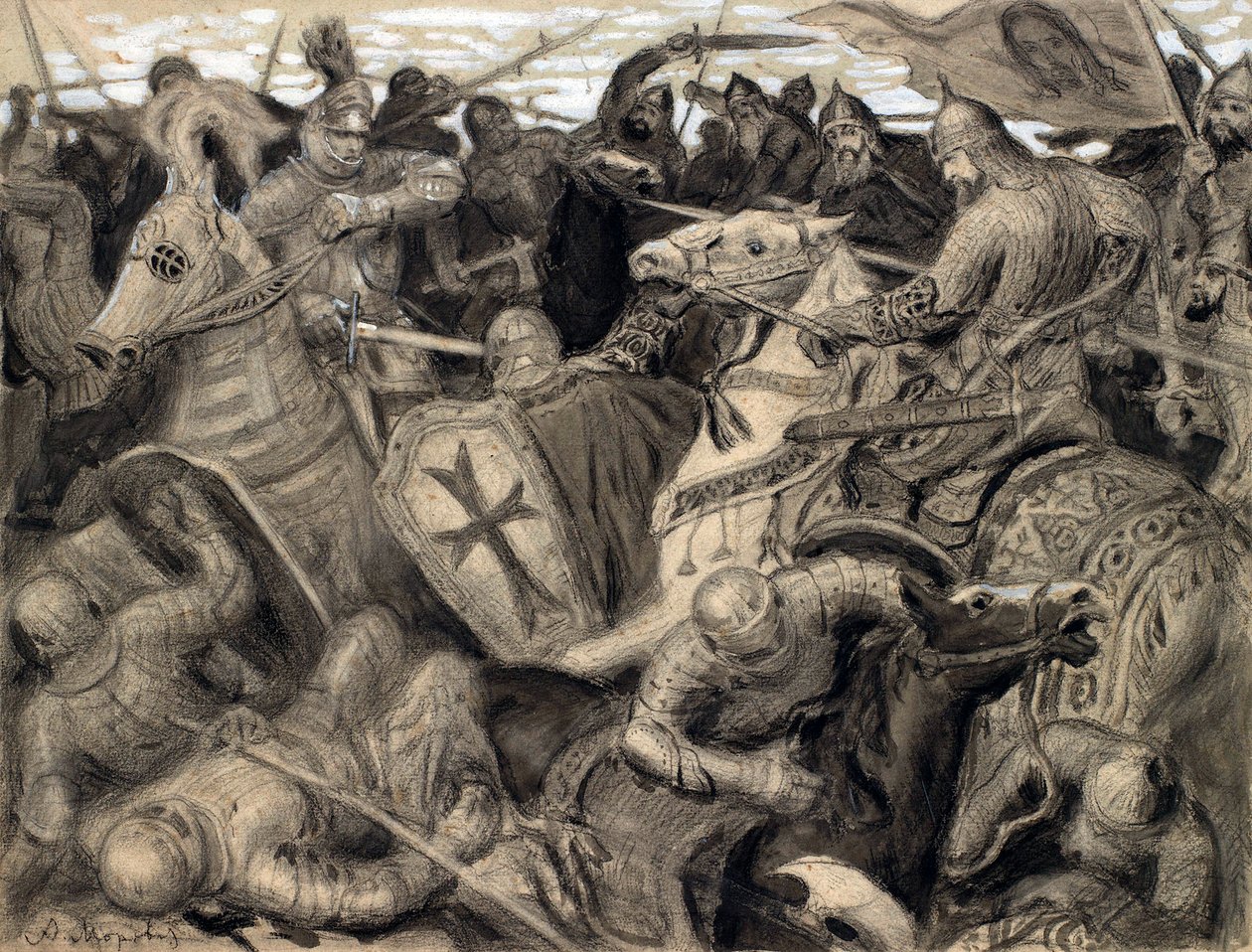 ""Alexander Nevsky"" Slagscène in de tijd van Alexander Nevski (1220-1263), hertog van Novgorod - Pastel van Alexander Viktorovich Moravov (1878-1951) Dim 33x43,5 cm Privécollectie door Alexander Viktorovich Moravov
