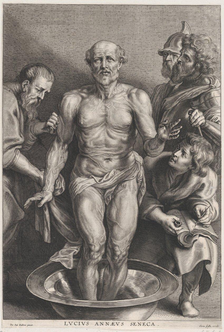 De dood van Seneca, staand in het midden met zijn voeten in een waterbekken, ca. 1655-78 door Alexander Voet