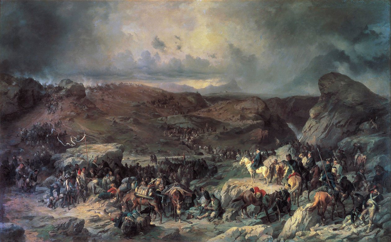 Leger van Alexander Suvorov steekt de St Gotthardpas over, september 1799, 19e eeuw door Alexander von Kotzebue