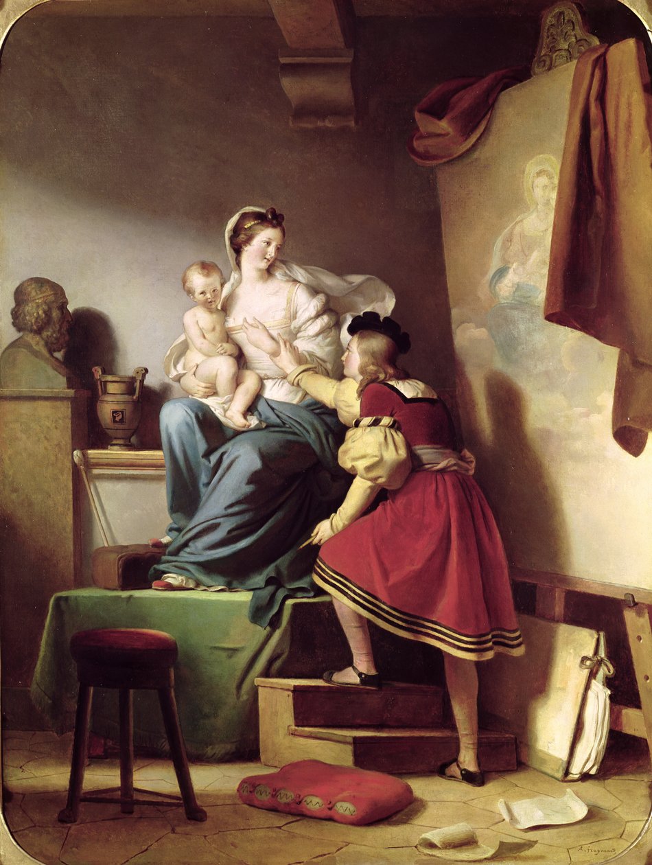 Raphael past de pose van zijn model aan voor zijn schilderij van de Maagd en het Kind door Alexandre Evariste Fragonard