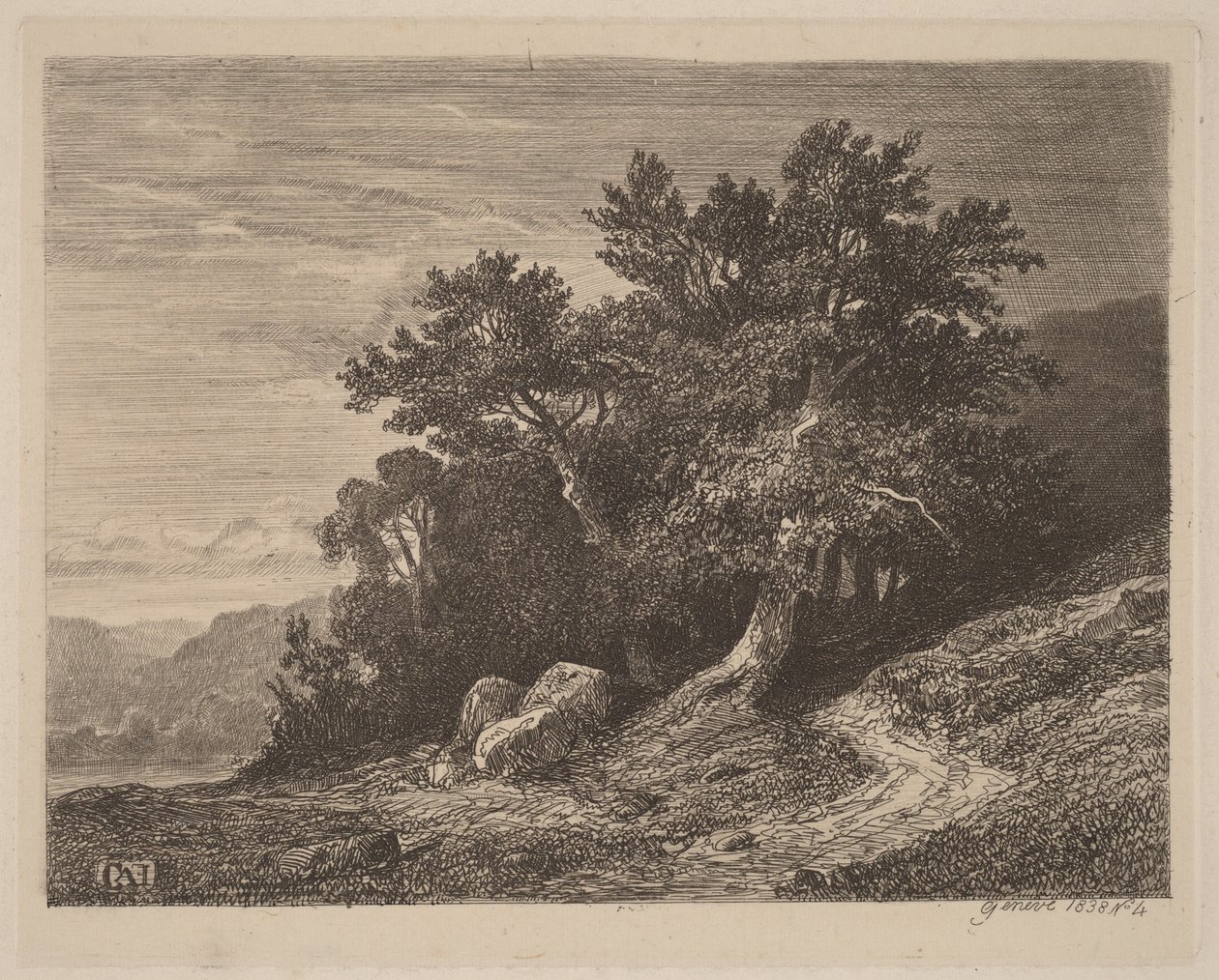Oude bomen op een helling door Alexandre Calame