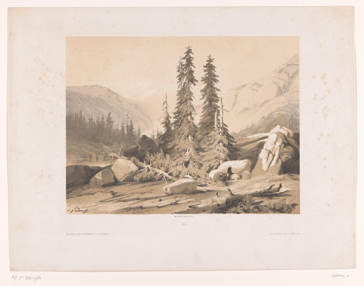 Berglandschap met sparren en berggeiten door Alexandre Calame