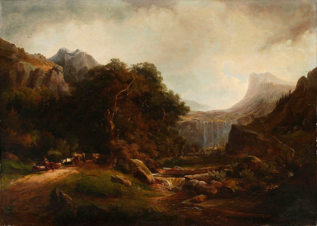 Een berglandschap met een waterval door Alexandre Calame