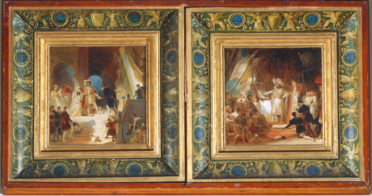 Franciscus I en zijn hof ontvangen werken uit Italië van Primaticcio - Franciscus I geridderd door Bayard ... door Alexandre Evariste Fragonard
