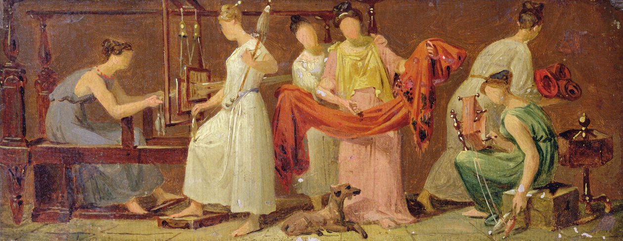 Zes Vrouwen Weven in een Interieur door Alexandre Evariste Fragonard