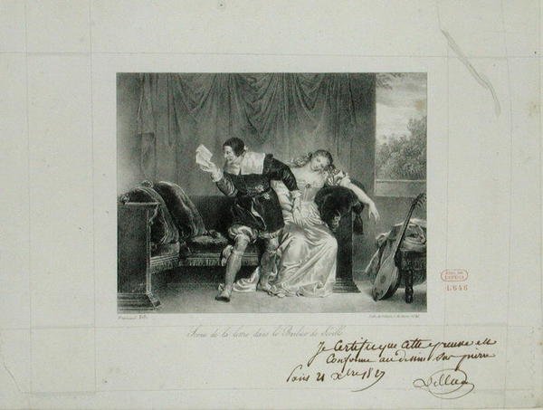 De briefscène uit de opera De Barbier van Sevilla door Rossini, gegraveerd door Villain de Sevres door Alexandre Evariste Fragonard