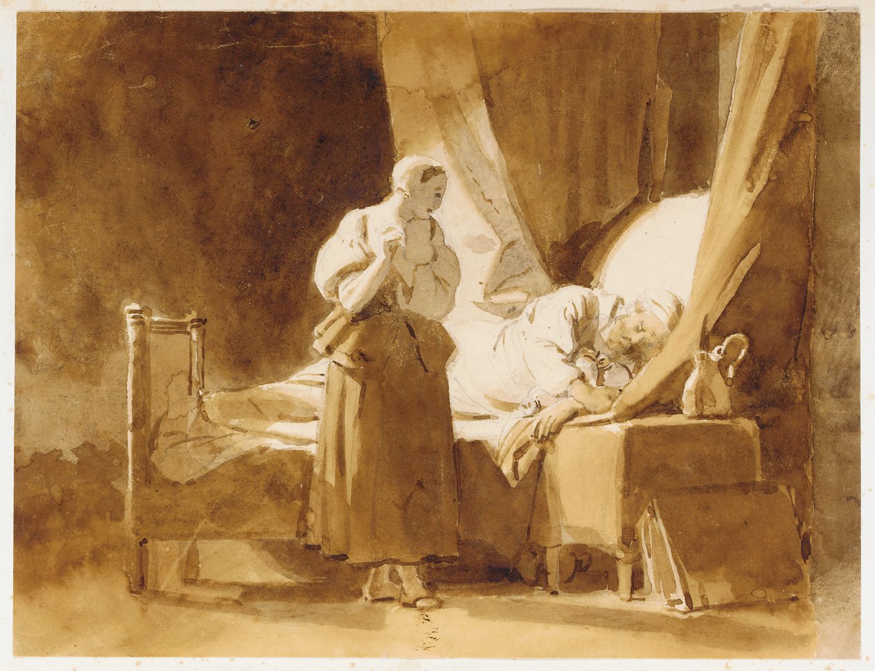 Een vrouw kijkt naar een slapende man door Alexandre Evariste Fragonard