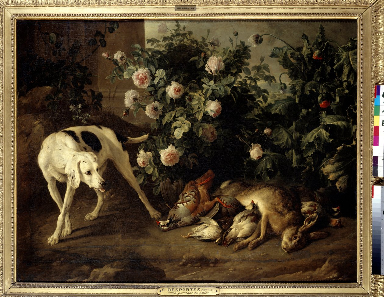 Hond bewaakt wild bij een rozenstruik door Alexandre Francois Desportes