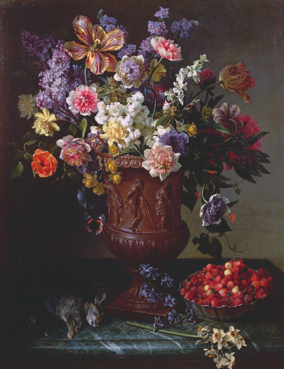 Bloemen in een Gesneden Urn met een Kom Wilde Aardbeien en Haas op een Richel, 1715 door Alexandre Francois Desportes