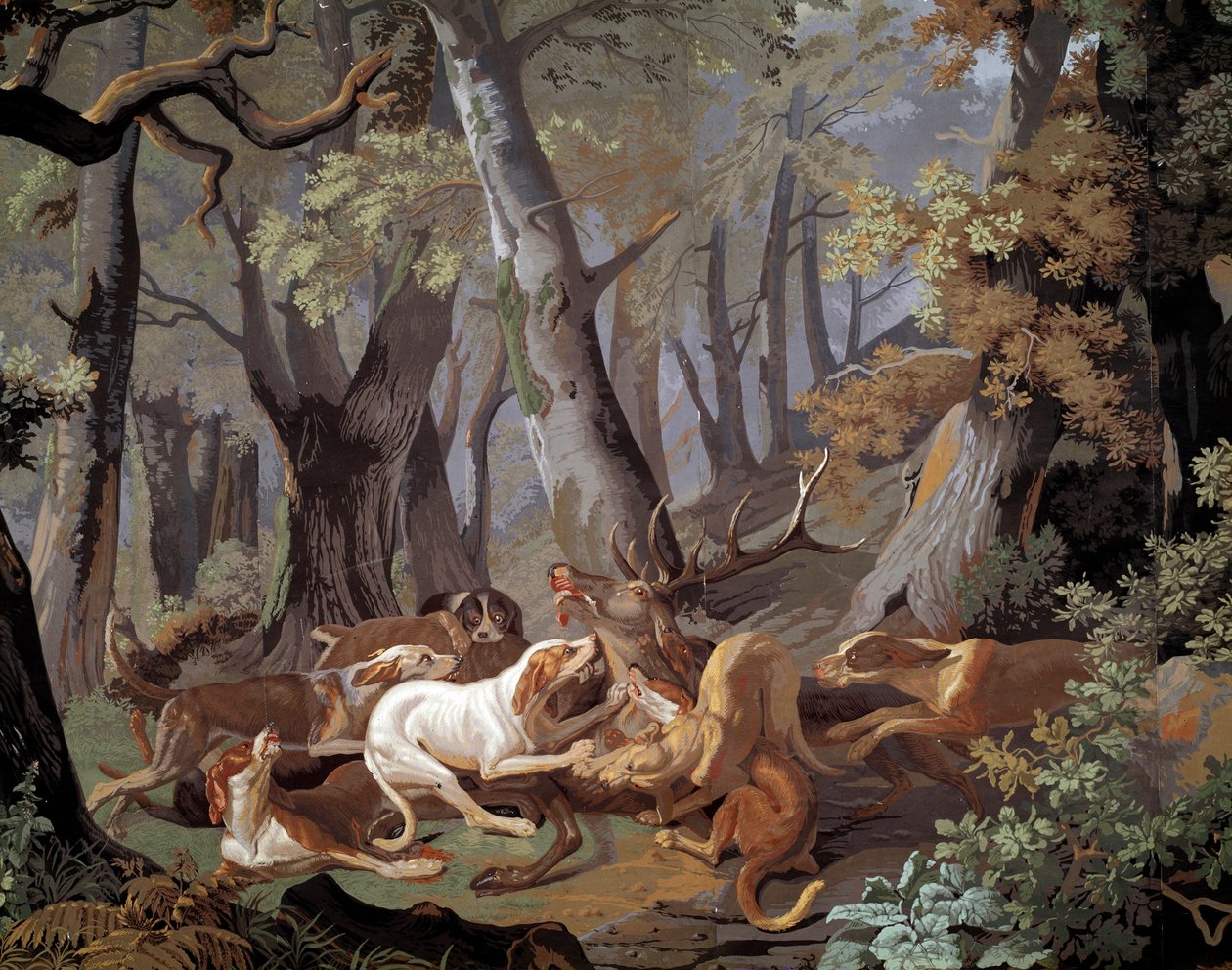 Hertenjacht Dussy behang naar een schilderij van Alexandre-François Desportes (1661-1743). 1851. Parijs, Decoratieve Kunsten door Alexandre Francois Desportes