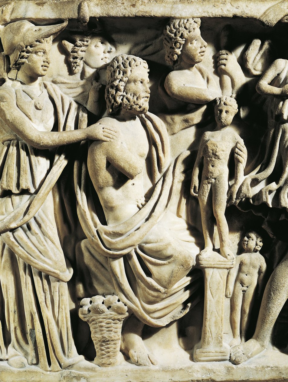 Marmeren sarcofaag, Reliëf dat Prometheus-mythe afbeeldt, Detail, Athena helpt Prometheus terwijl hij mensen creëert, Uit Arles door Nicolas Toussaint Charlet
