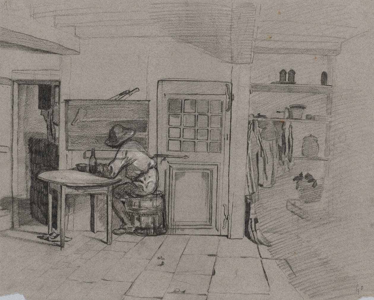 Een Boerderij Interieur met een Jongen aan een Tafel door Alexandre Gabriel Decamps