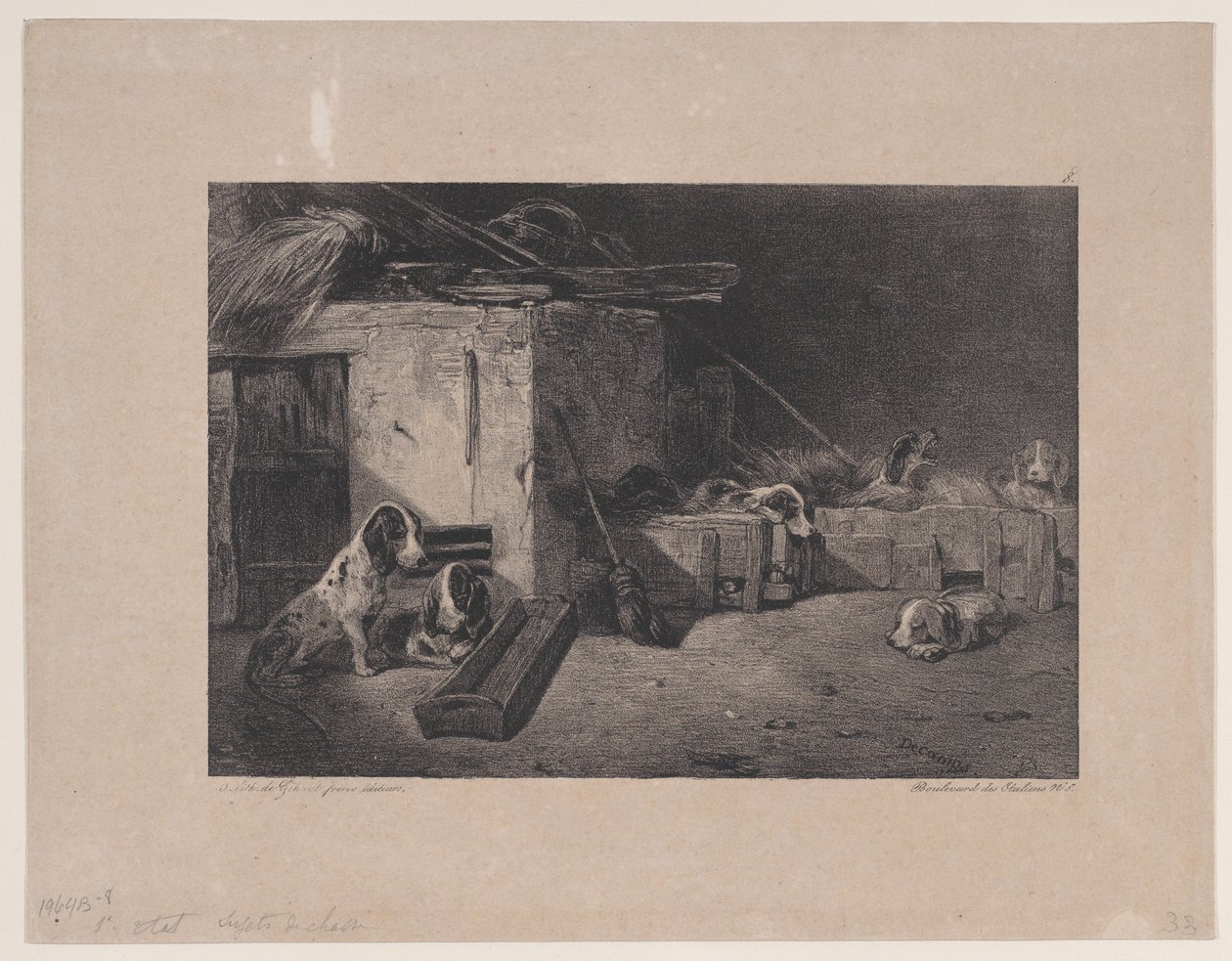 Interieur van de kennel, uit de serie Jachtscènes, 1829 door Alexandre Gabriel Decamps