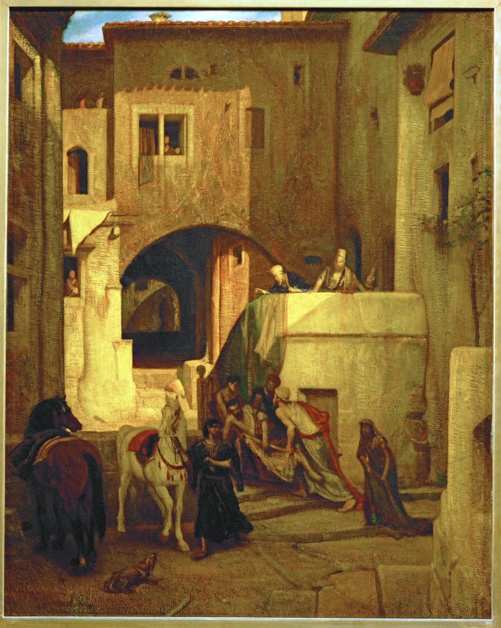 De barmhartige Samaritaan (schilderij op doek) door Alexandre Gabriel Decamps