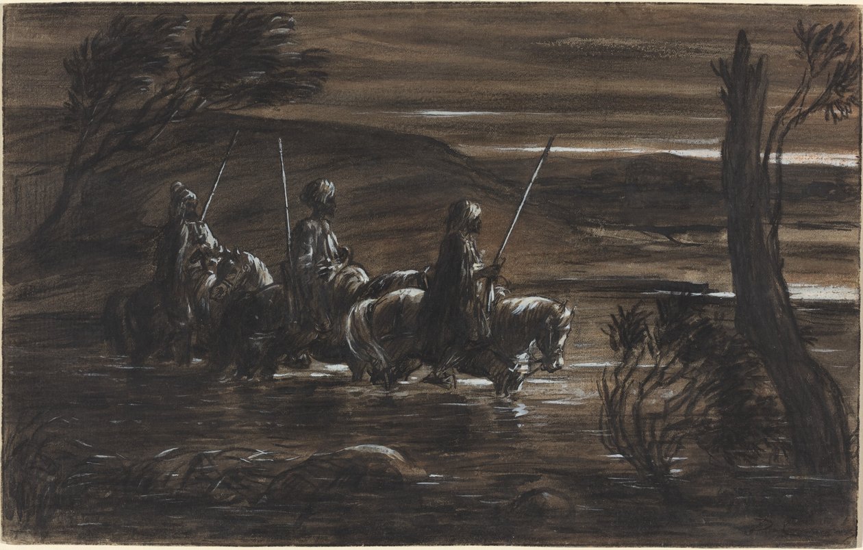 Drie Arabische ruiters die een rivier oversteken door Alexandre Gabriel Decamps
