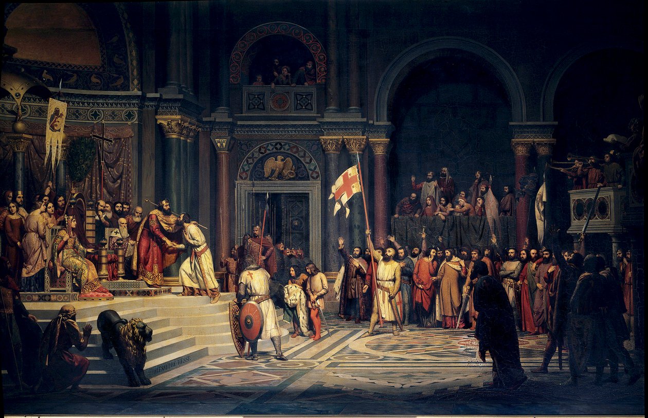 Eerste kruistocht: Godefroy van Bouillon legt trouw af aan de Byzantijnse keizer Alexis Comnene in Constantinopel door Alexandre Jean Baptiste Hesse