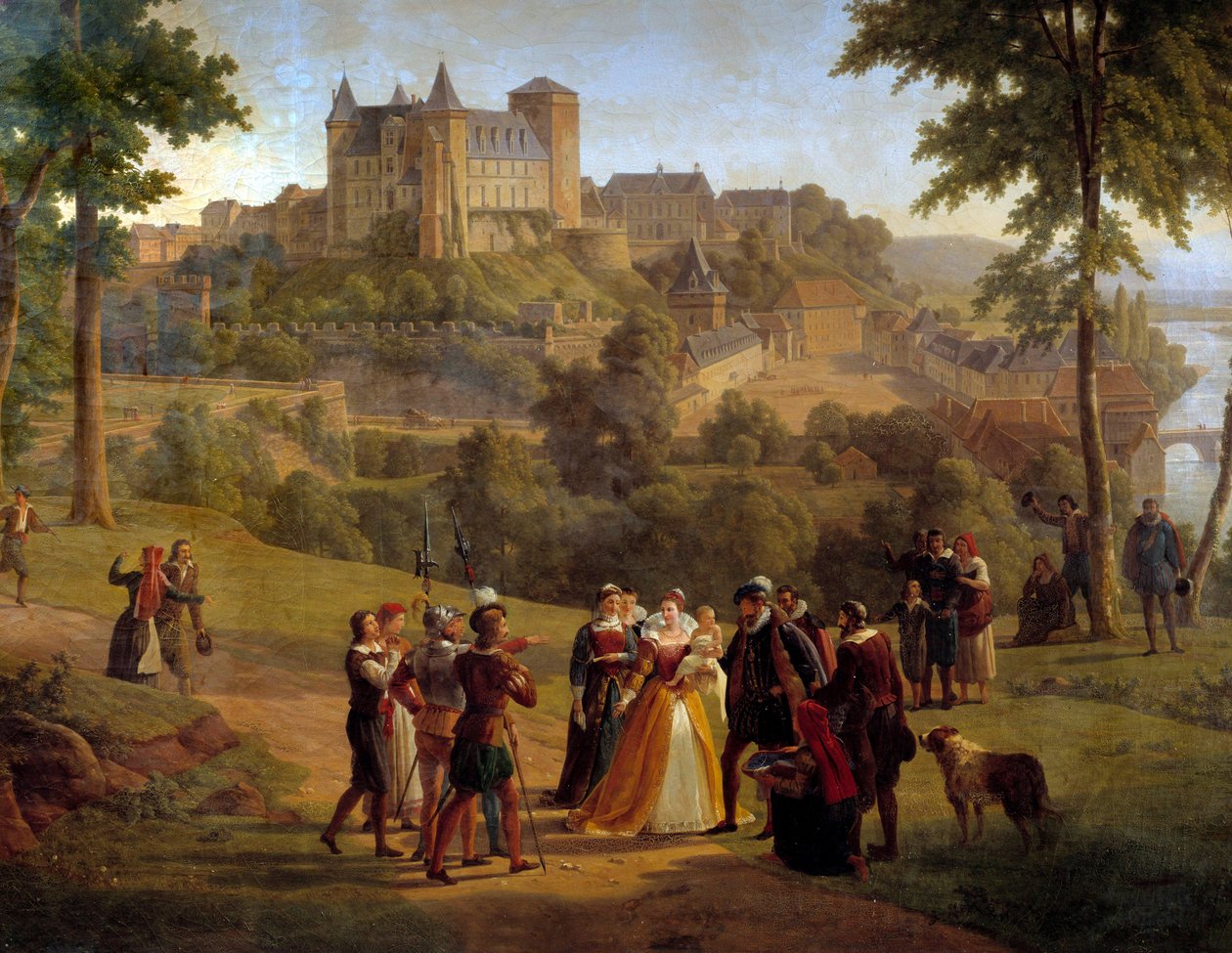Uitzicht op het kasteel van Pau waar Hendrik IV werd geboren vanuit het grote park (detail) door Alexandre Louis Robert Millin du Perreux