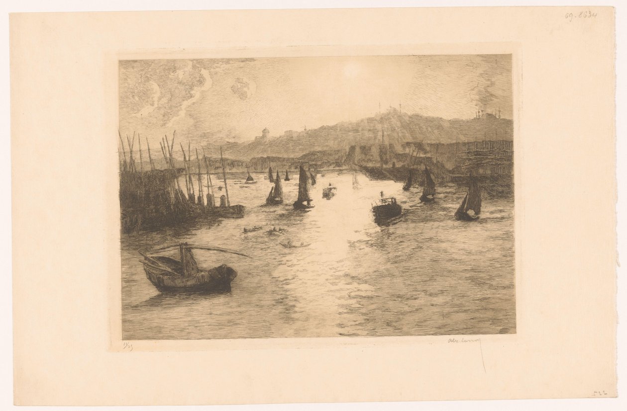 Haven met zonsondergang door Alexandre Lunois (signed by artist)