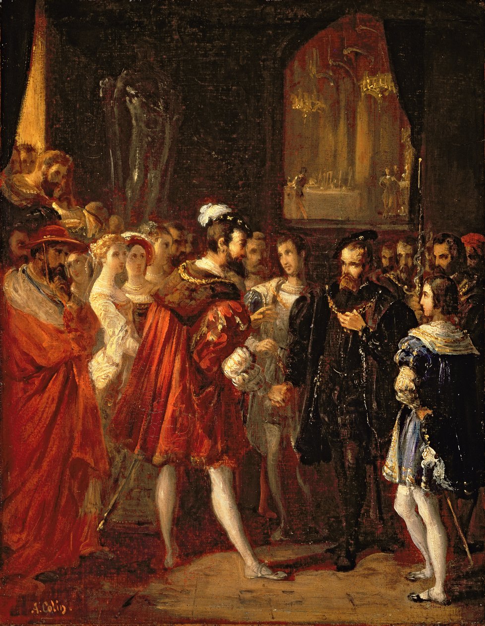Karel V (1500-58) ontvangen door Frans I (1494-1547) in het Louvre, c.1843 door Alexandre Marie Colin