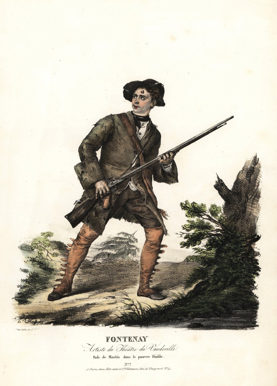 Jean-Baptiste Fontenay en Martin in Le Poor Diable door Balisson en Dumersan, Theatre du Vaudeville. Handgekleurde lithografie door F. Noel naar een illustratie van Alexandre-Marie Colin uit portretten van actrices in verschillende rollen, F. Noel, Parijs door Alexandre Marie Colin