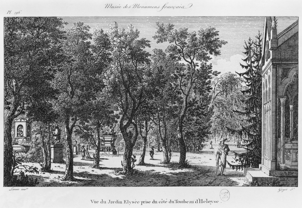 Musée des Monuments Français, Parijs, uitzicht op de Jardin Elysee vanaf het graf van Heloise en Abelard, gegraveerd door Laurent Guyot (1756-1806) door Alexandre Marie Lenoir