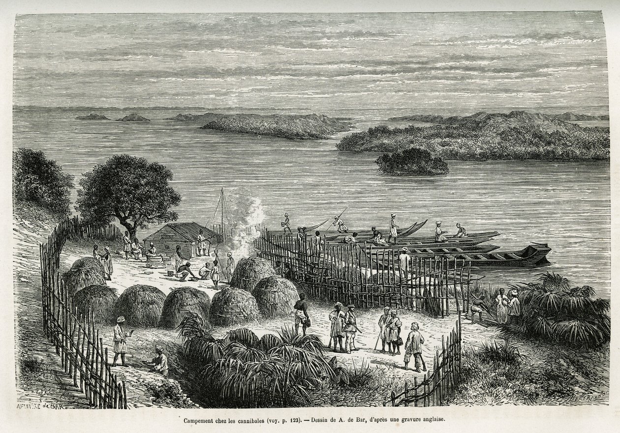 Kamp versterkt de expeditie om zichzelf te beschermen tegen de kannibalen Mouana Ntaba, nabij de rivier Leopold (Congo), tekening door A. De Bar, ter illustratie van het verhaal 