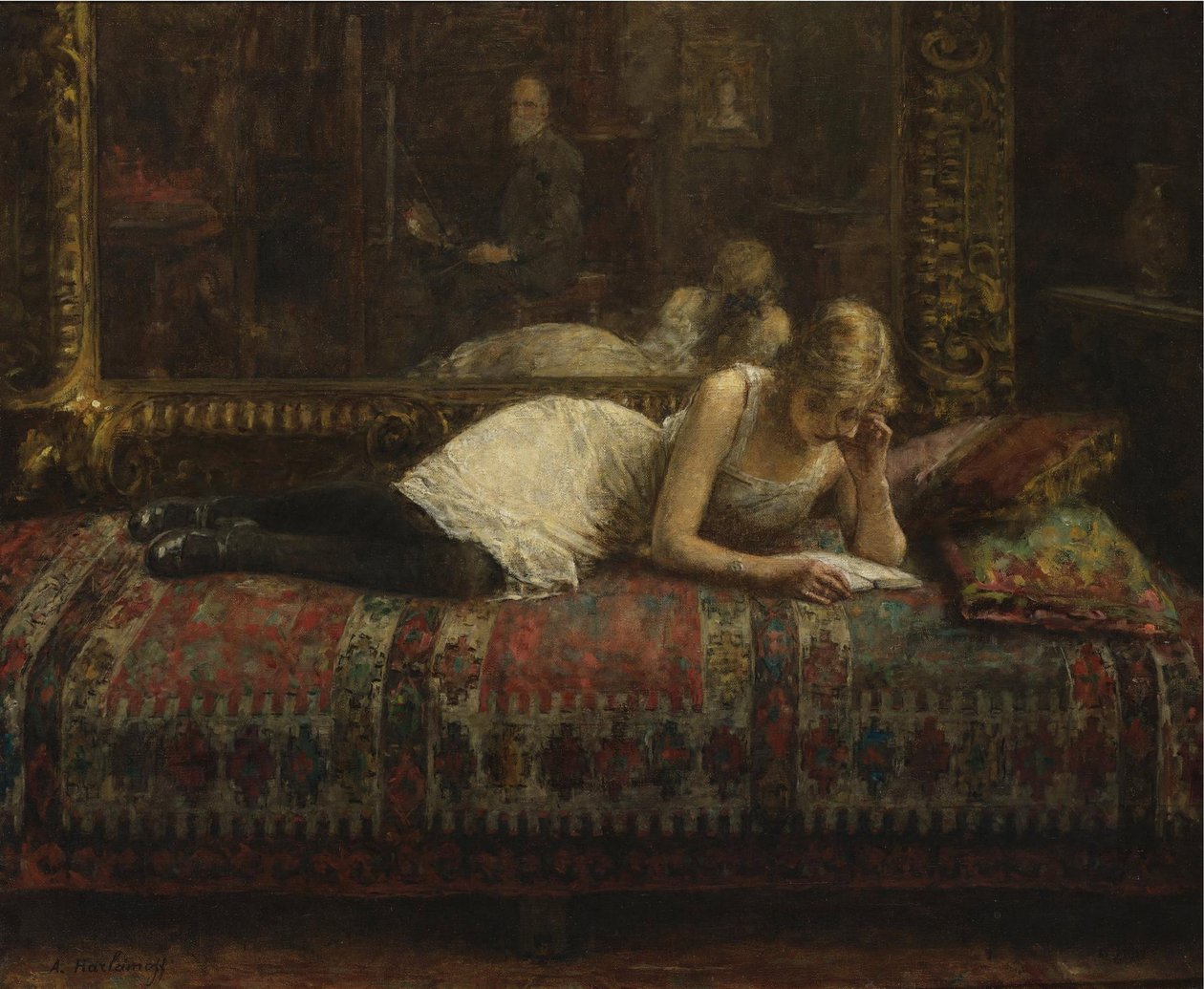 De kunstenaar en zijn model - Harlamov (Harlamoff), Alexei Alexeyevich (1840-1922) - 1875 door Alexei Alexevich Harlamoff